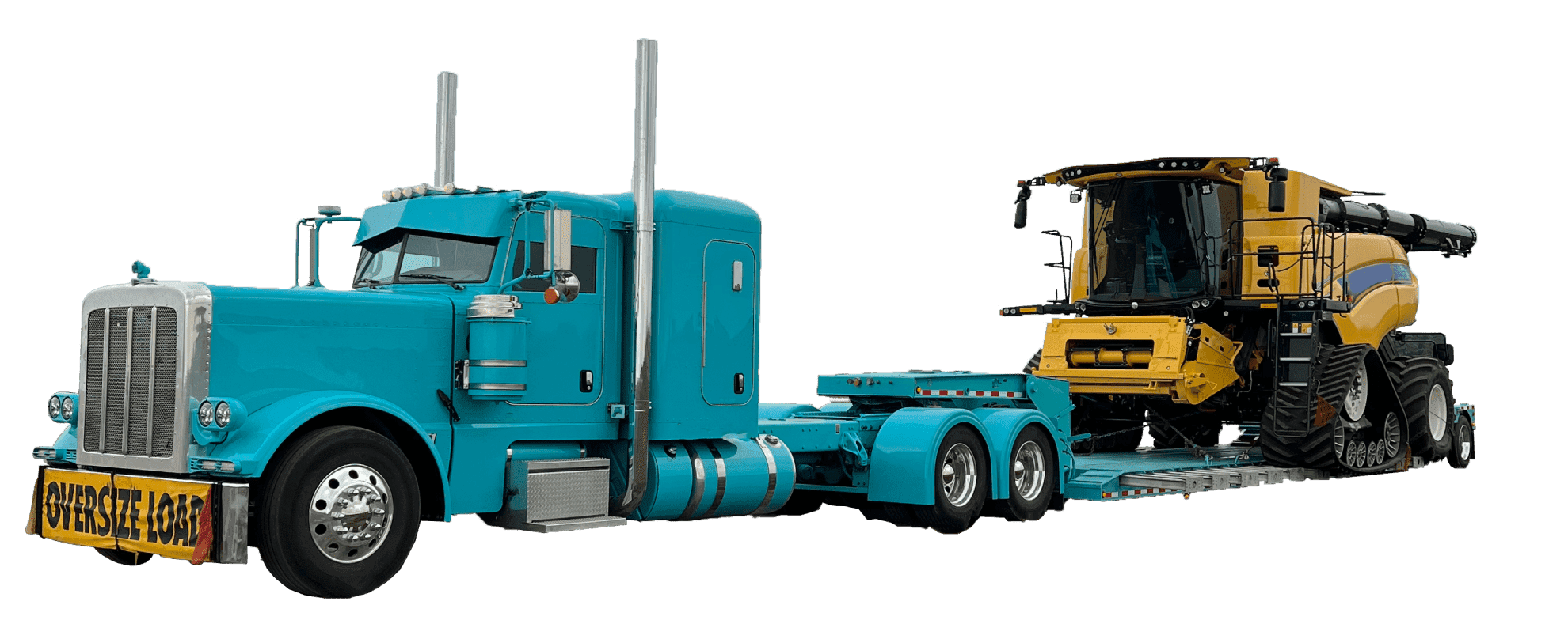 A yellow construction vehicle strapped to an oversized truck's low bed.